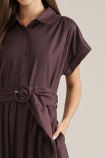 Lexie Button Down Midi Shirt Dress with Belted Waist- Chocolate