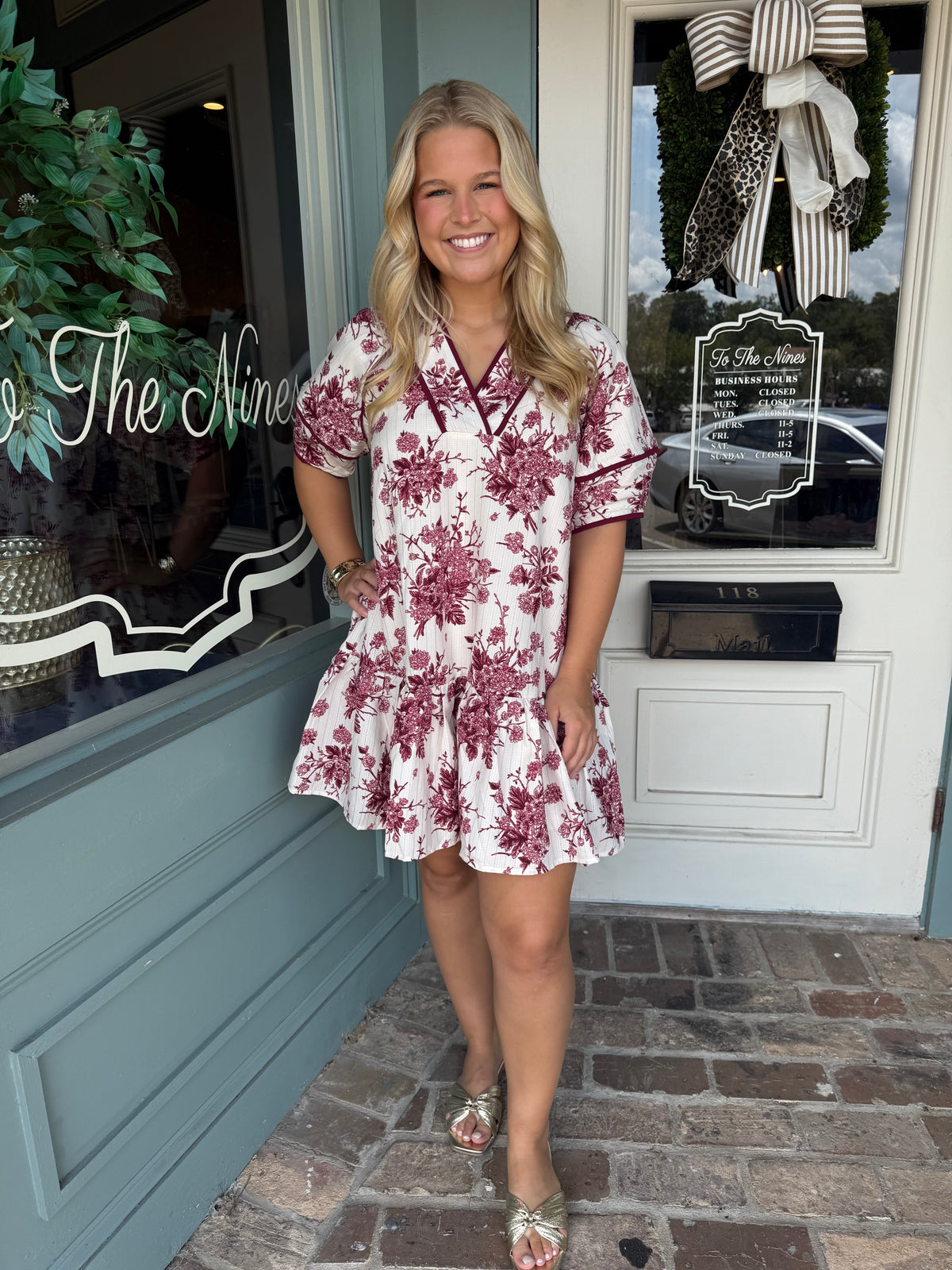 Maroon Floral Mini with Ruffle Hem and Piping Detail
