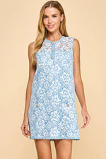 BABY BLUE MINI WITH GOLD FLOWER BUTTONS AND SPARKLE LACE OVERLAY