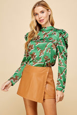 Satin Puff Long Sleeve Top with Brown Floral