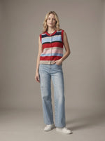 Mila Multi Striped Sleevless Button Front Sweater Vest - Red/Blue Mix