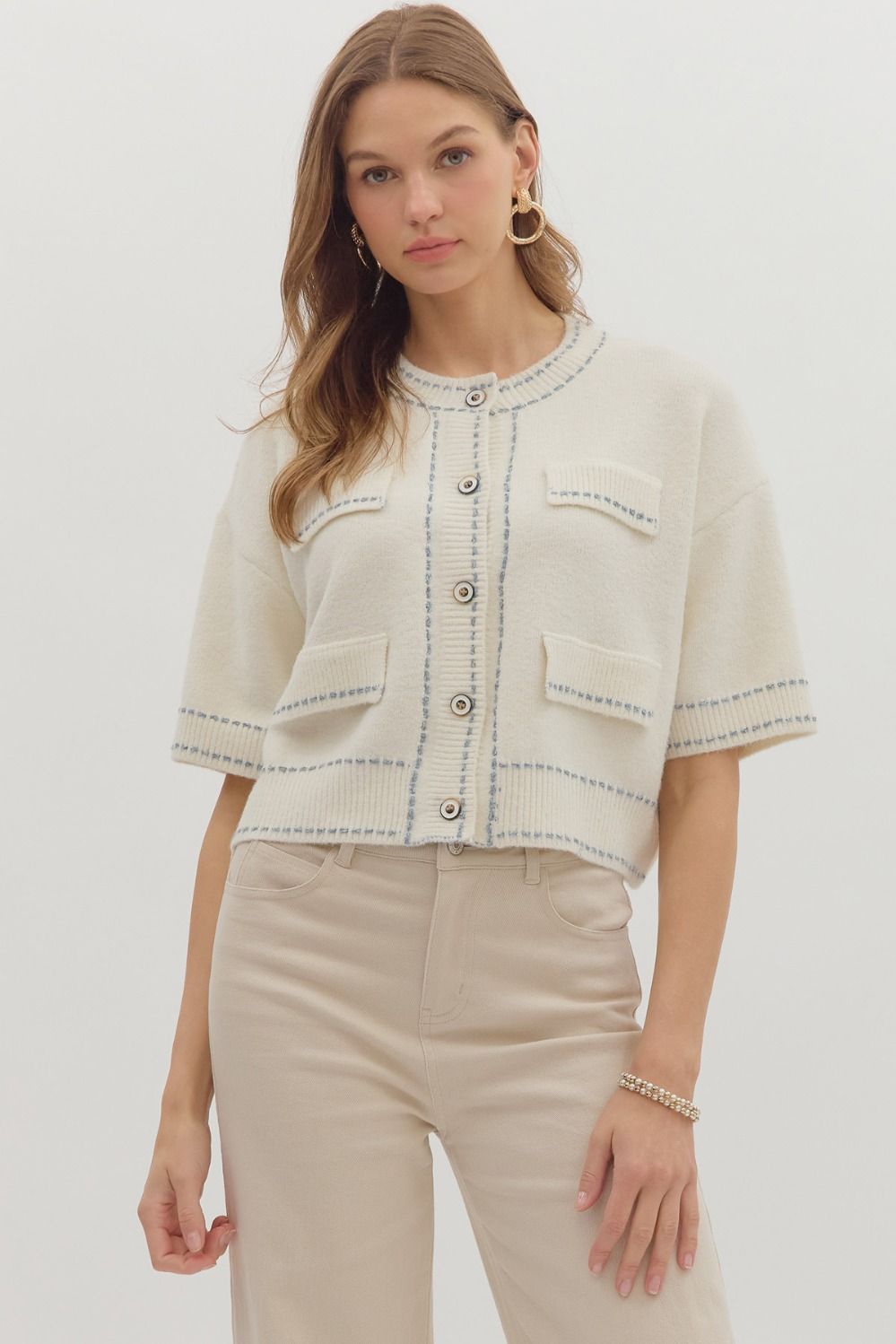 Cream Button Down Short Sleeve Cardigan With Light Blue Stitching