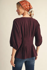 Zara Button Front Pleated Waist Top- Maroon