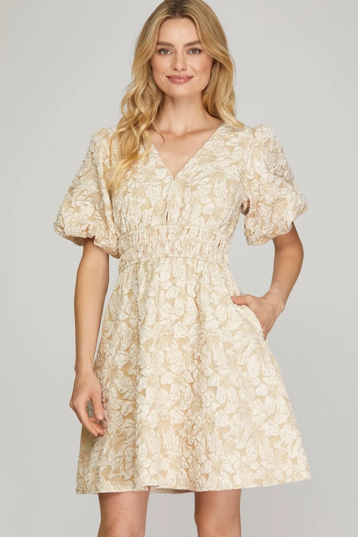 Champagne Jacquard Floral Mini Dress