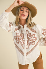 Ivory Embroidered Mock Neck Button Up Top with Dark Camel Stitching