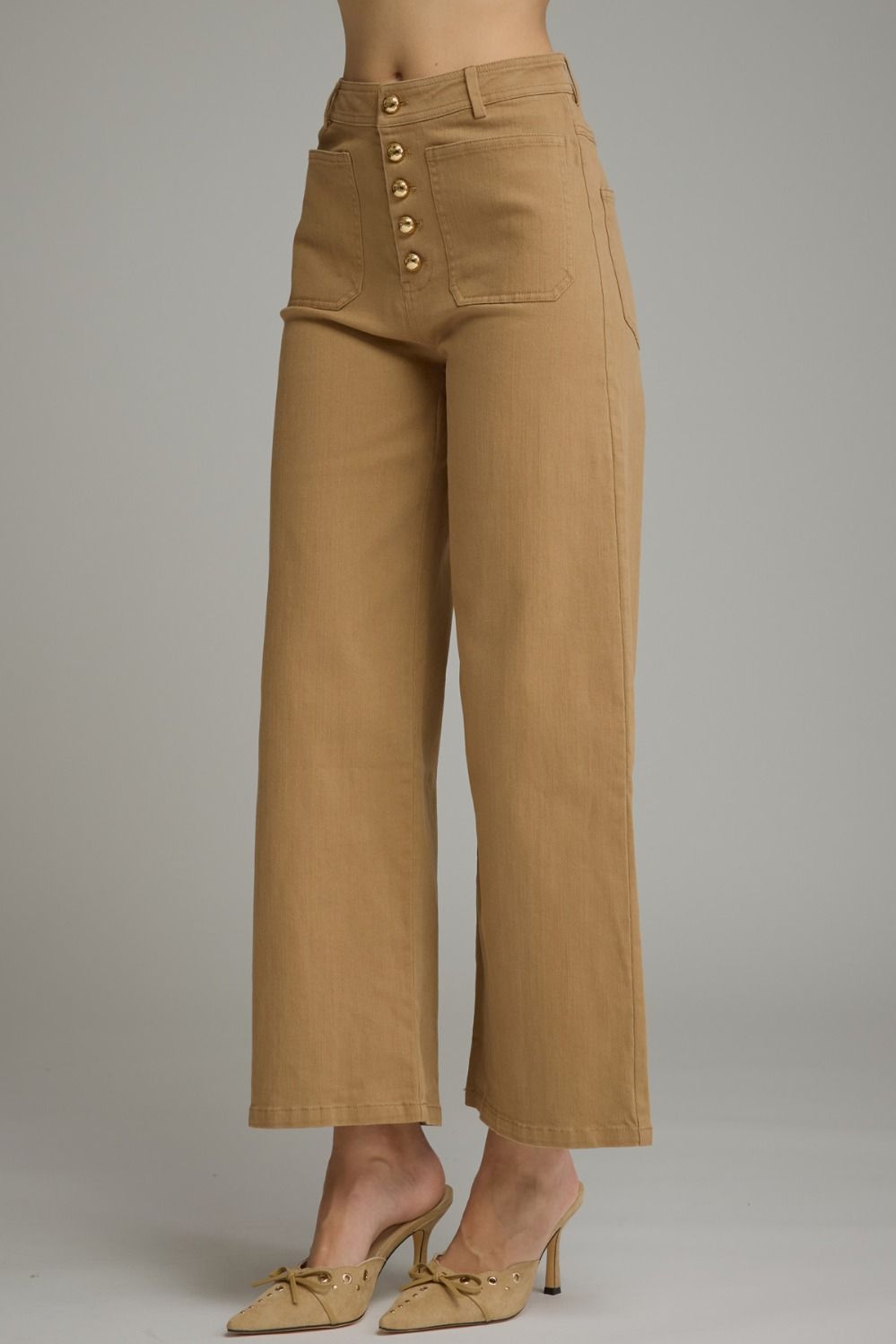 Heidi Gold Button Down Patch Pocket Wide Leg - Light Camel