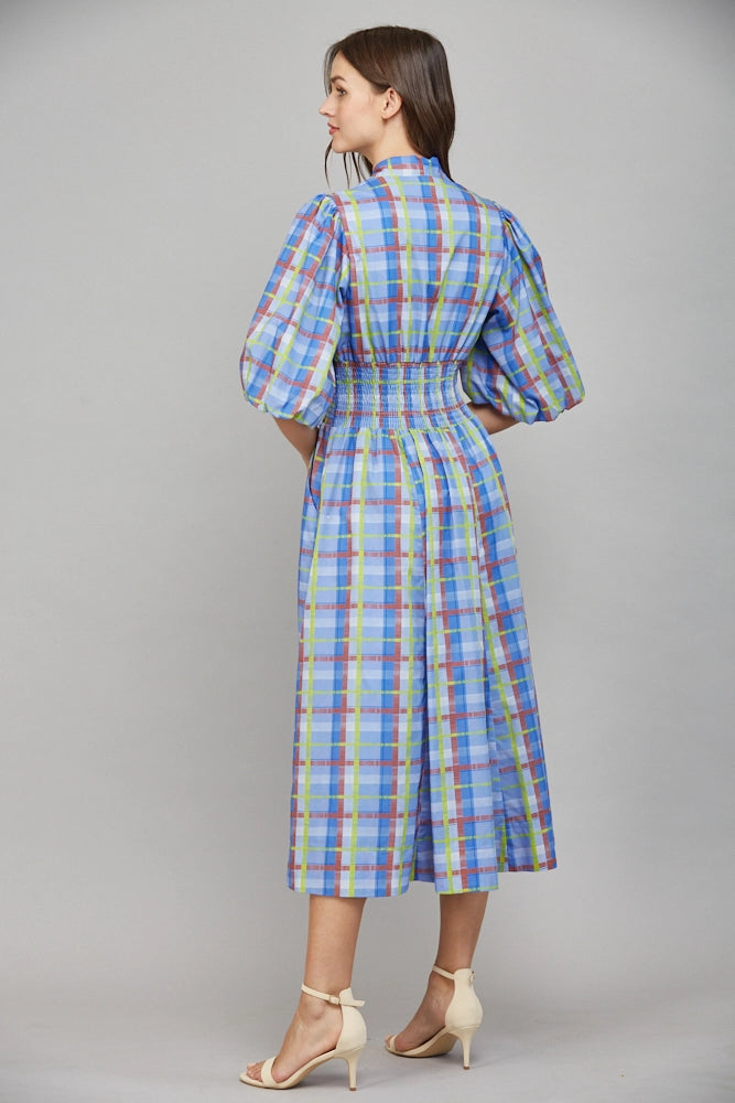 Periwinkle Olive Plaid Midi Dress featuring Zip Front and Side Pockets by FATE