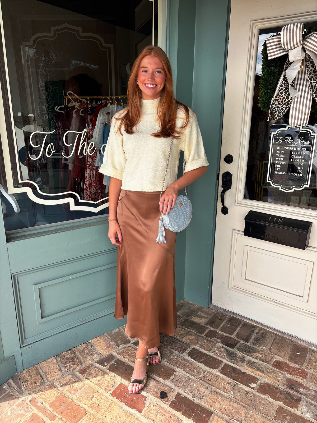 COPPER SATIN MIDI SKIRT