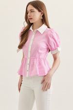 Lottie Striped Button Down Peplum Top with Self Tie Bow Cuff Detail- Pink