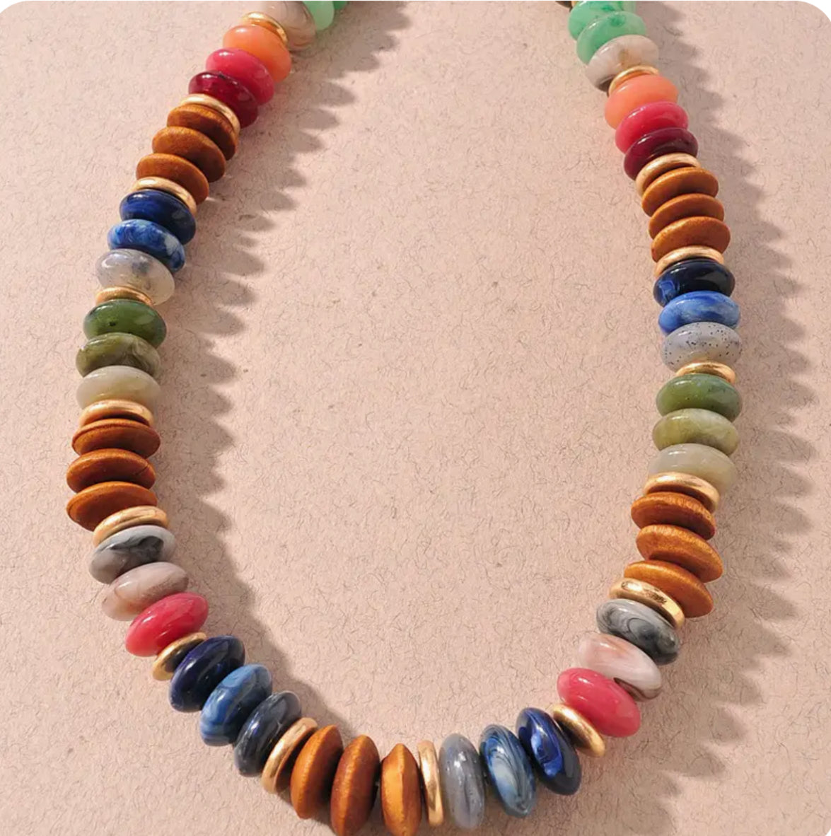 MULTICOLOR RESIN & WOOD DISC BEADED NECKLACE