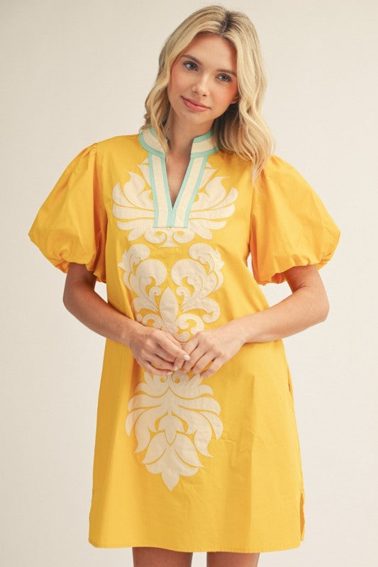 Marigold Damask Print Mini with Aqua Neck Contrast