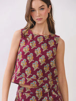 Floral Print Sleeveless Crop Top and Wrap Front Design Skort SET- Burgundy Wine