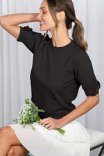 Short Puff Sleeve Sweater with Bow Detail** Light Blue, Black or White