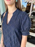 Dark Denim Mini Dress with Diamond Stitching Pattern