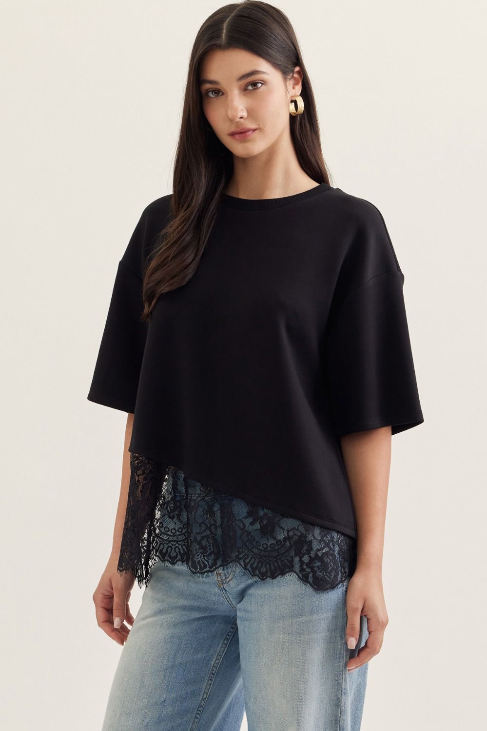 Gia Scallop Lace Hem Knit Top- Black