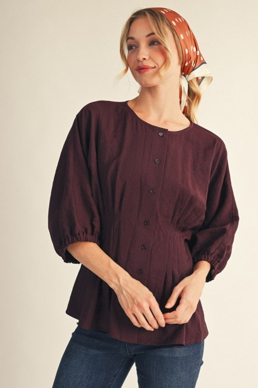 Zara Button Front Pleated Waist Top- Maroon