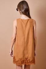Sleeveless Suede Shift Dress with Lace Hem- Camel