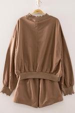 Mocha Lace Trim Mock Neck Pullover and Shorts Lounge SET