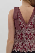 Maroon Floral Motif Embroidered V-neck Top featuring Exposed Stitch Detail Bow Shoulder Strap.