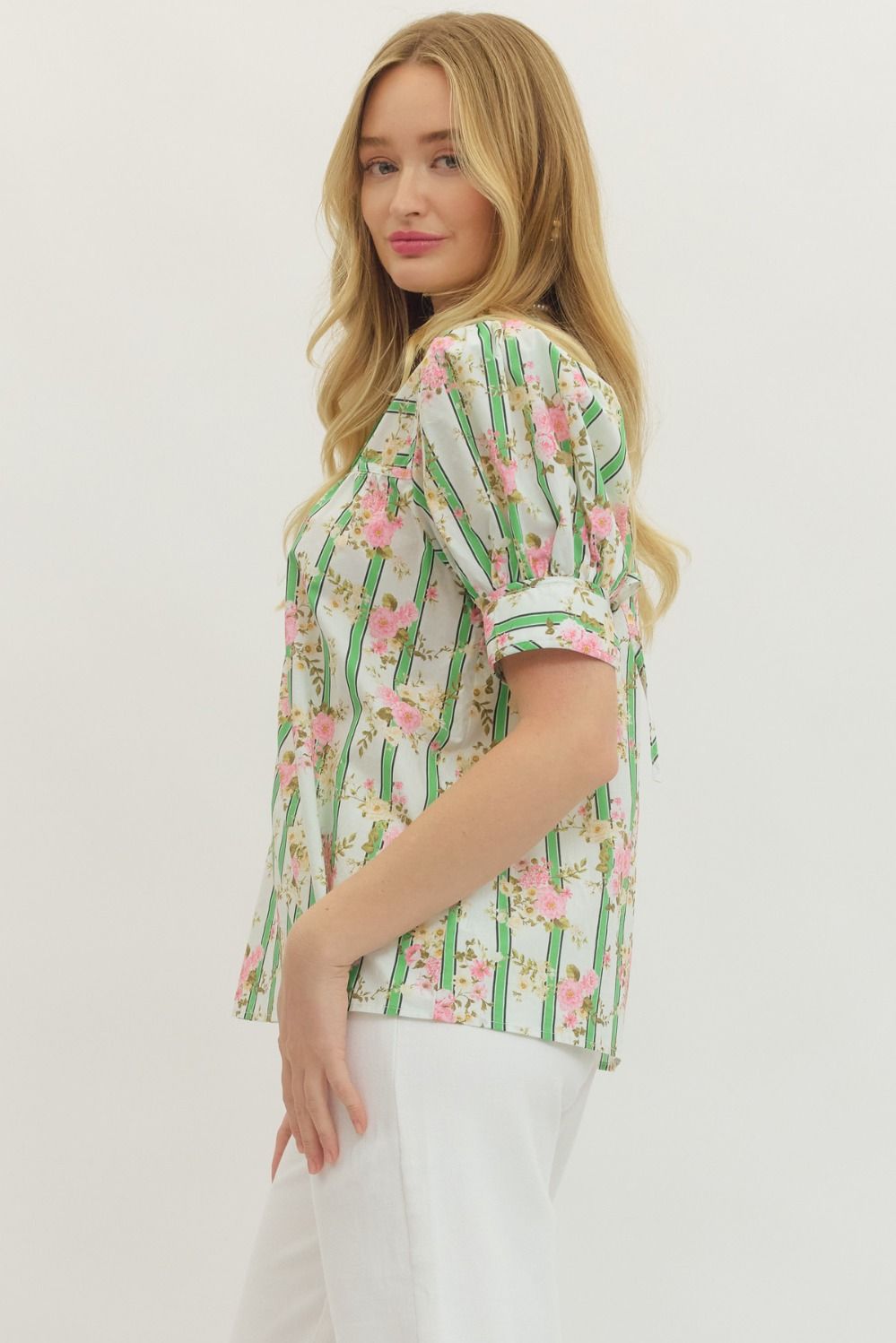 Botanical Stripe Puff Sleeve Button Down Top with Self Tie Cuff Detail