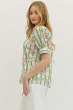 Botanical Stripe Puff Sleeve Button Down Top with Self Tie Cuff Detail
