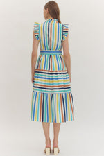 Pheobe Striped Button Down Midi Dress with Self Tie Waist