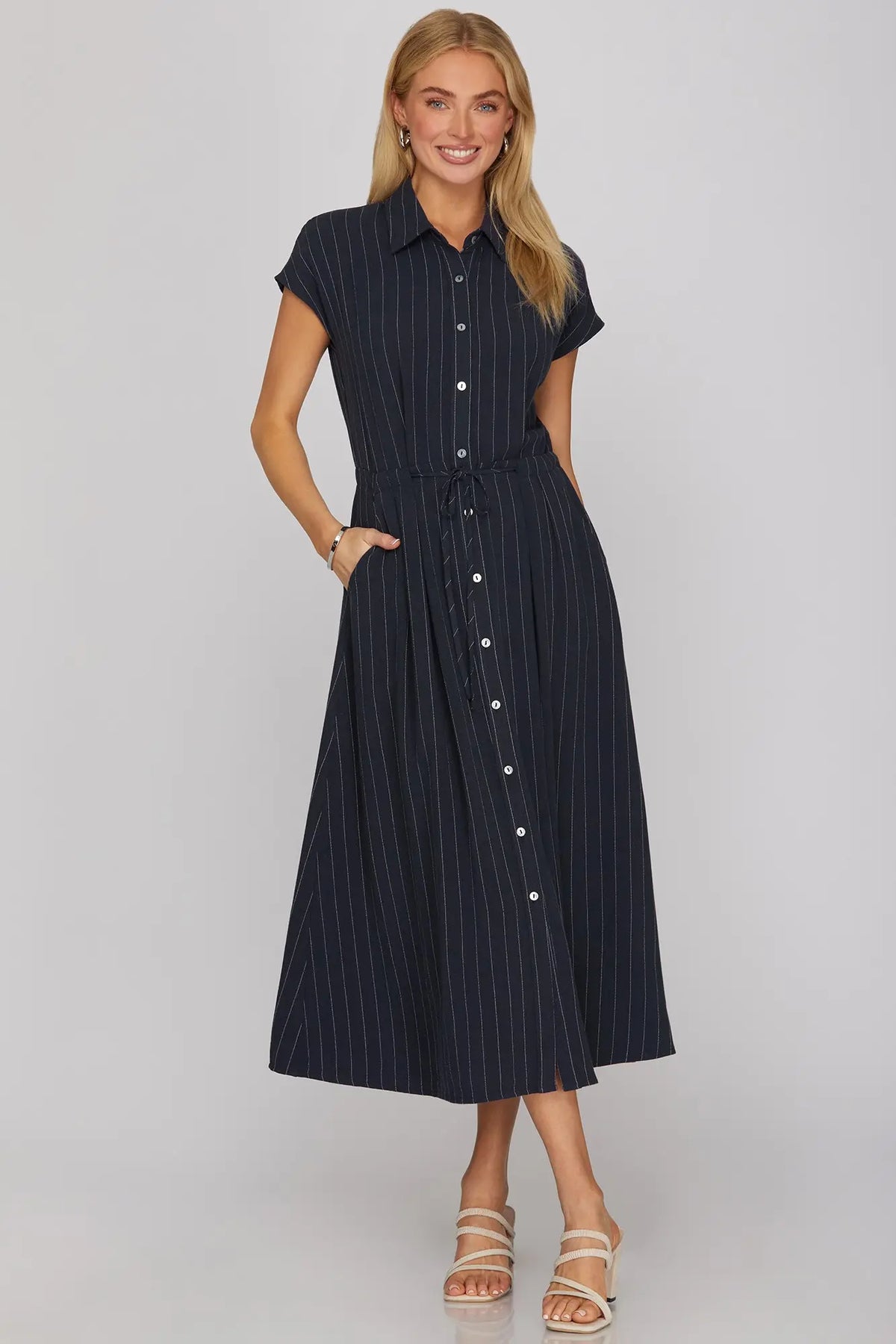 Catalina Navy Stripe Button Down Midi Dress With Waist Tie And Pockets