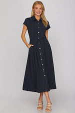 Catalina Navy Stripe Button Down Midi Dress With Waist Tie And Pockets