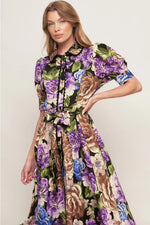 Mabel Button Down Floral Midi with Self Tie Waist