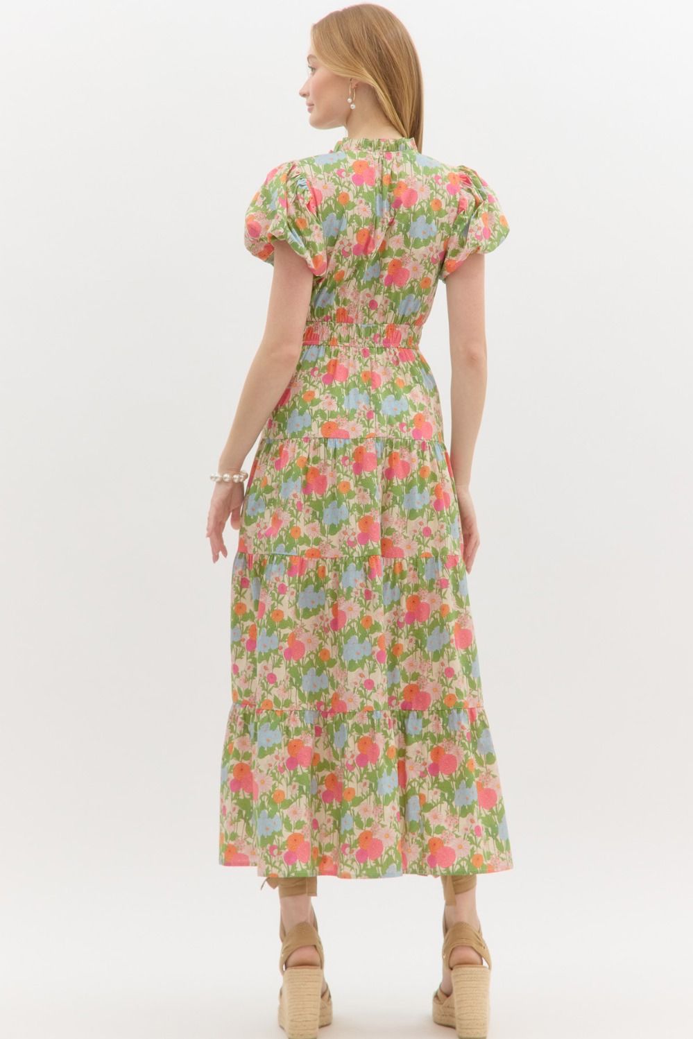 Floral Bubble Sleeve Maxi Dress with Double Elastisized Waist and Side Pockets