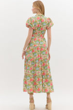 Floral Bubble Sleeve Maxi Dress with Double Elastisized Waist and Side Pockets