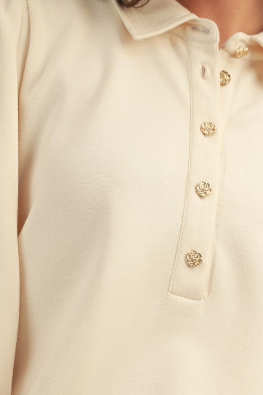 Bray Soft Gold Button Collar Top- Cream