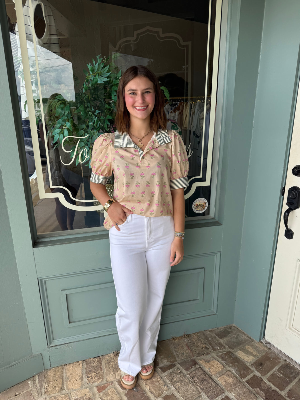 Jillian Floral Top with Stripe Collar and Cuff Accents