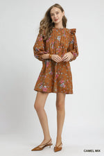 Camel Floral Ruffle Shoulder Mini Dress