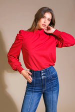 Red Woven Blouse with Slight Puff Shoulder and Neck Tie Back