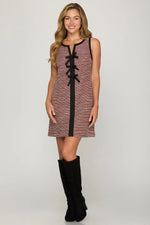 RED SLEEVELESS TWEED DRESS WITH BLACK BOW DETAIL