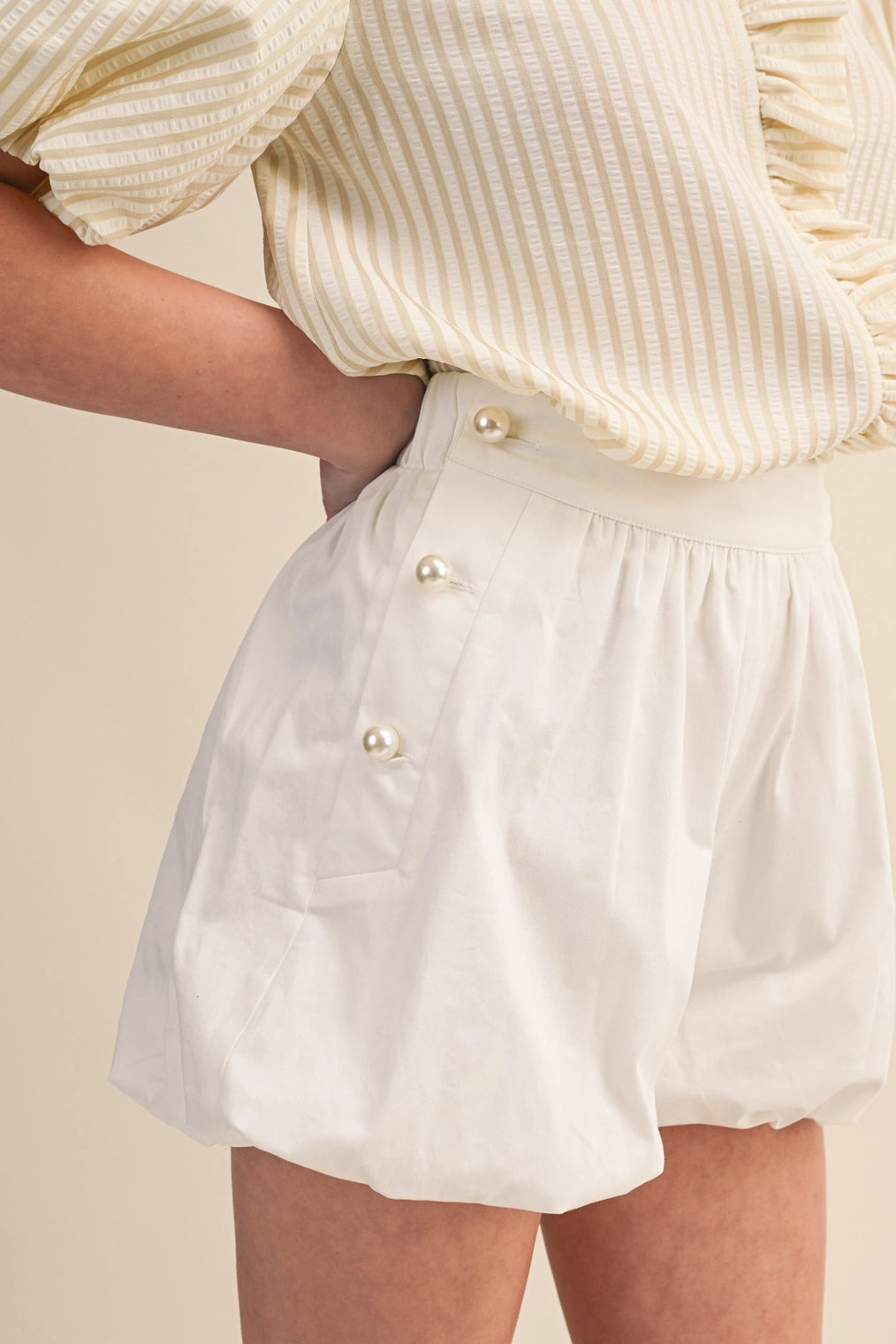 Evana Bubble Hem Shorts with Pearl Button Accents