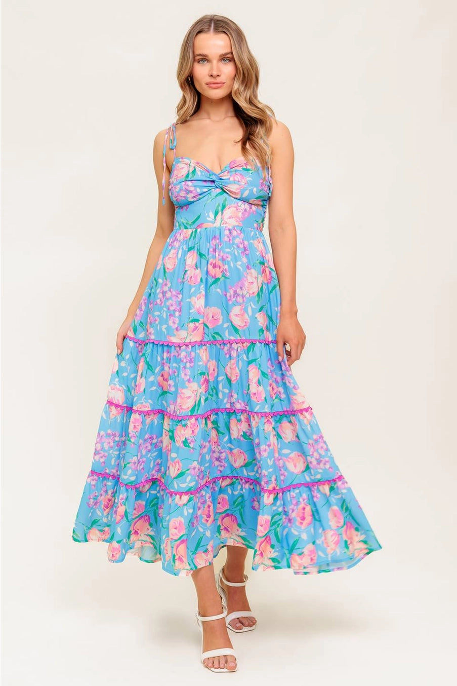 TROPICAL BLUE and PINK FLORAL PRINTED MAXI DRESS
