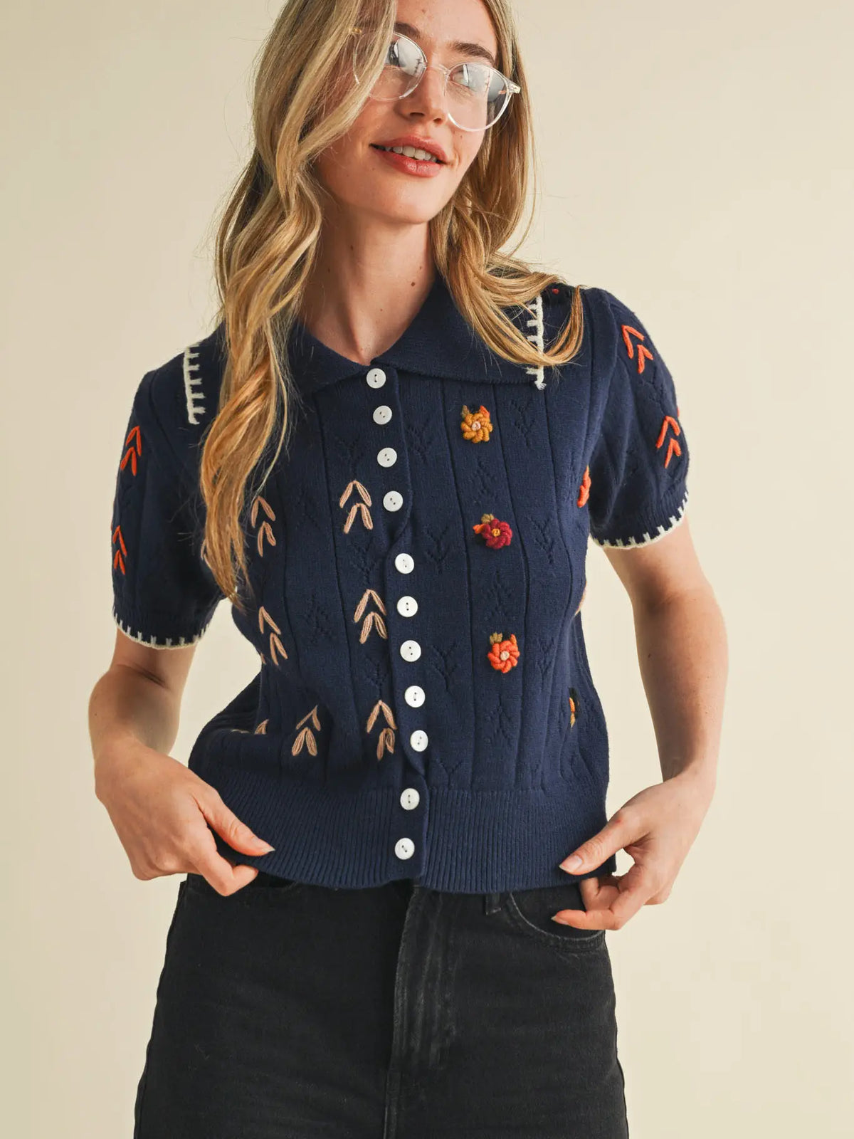 Hand Embroidered Short Sleeve Button Down Sweater- Navy Multi