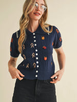 Hand Embroidered Short Sleeve Button Down Sweater- Navy Multi