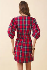 Plaid Puff Sleeve Cascading Ruffle Detail Mini Dress