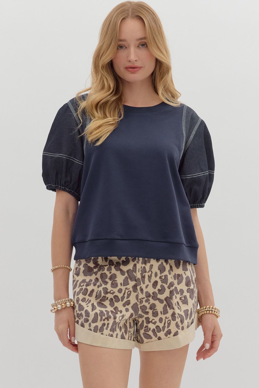 Blakely Crew Neck Top with Exposed Stitching Detail - Navy