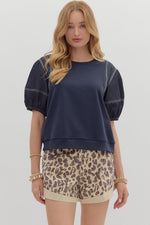 Blakely Crew Neck Top with Exposed Stitching Detail - Navy