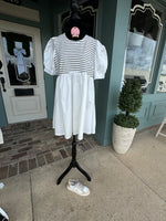 SHORT SLEEVE BLACK/WHITE STRIPED COTTON DRESS