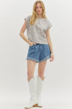 Gray Leopard Print Jersey Knit Pullover Top with Studded Shoulder Detail