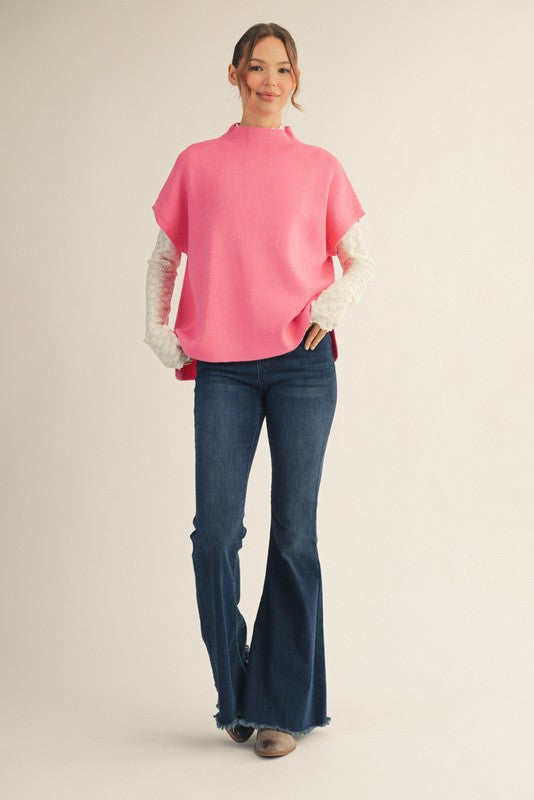 Mock t Neck Ribbed Sleeveless Sweater- Pink