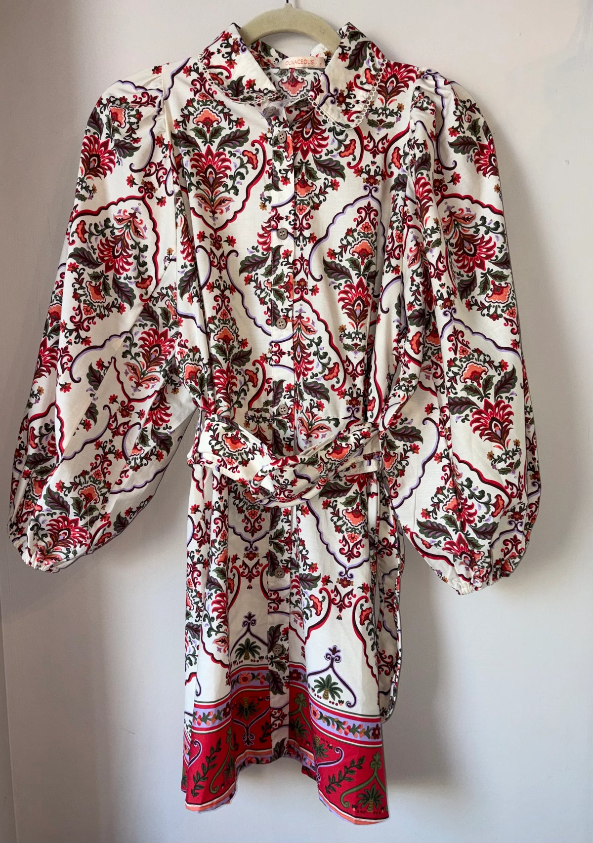 Callie Paisley Belted Mini Dress -Ivory/Cranberry Mix by Olivaceous