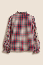 Floral Embroidered Gingham Blouse with Ruffle Collar- Red/Navy
