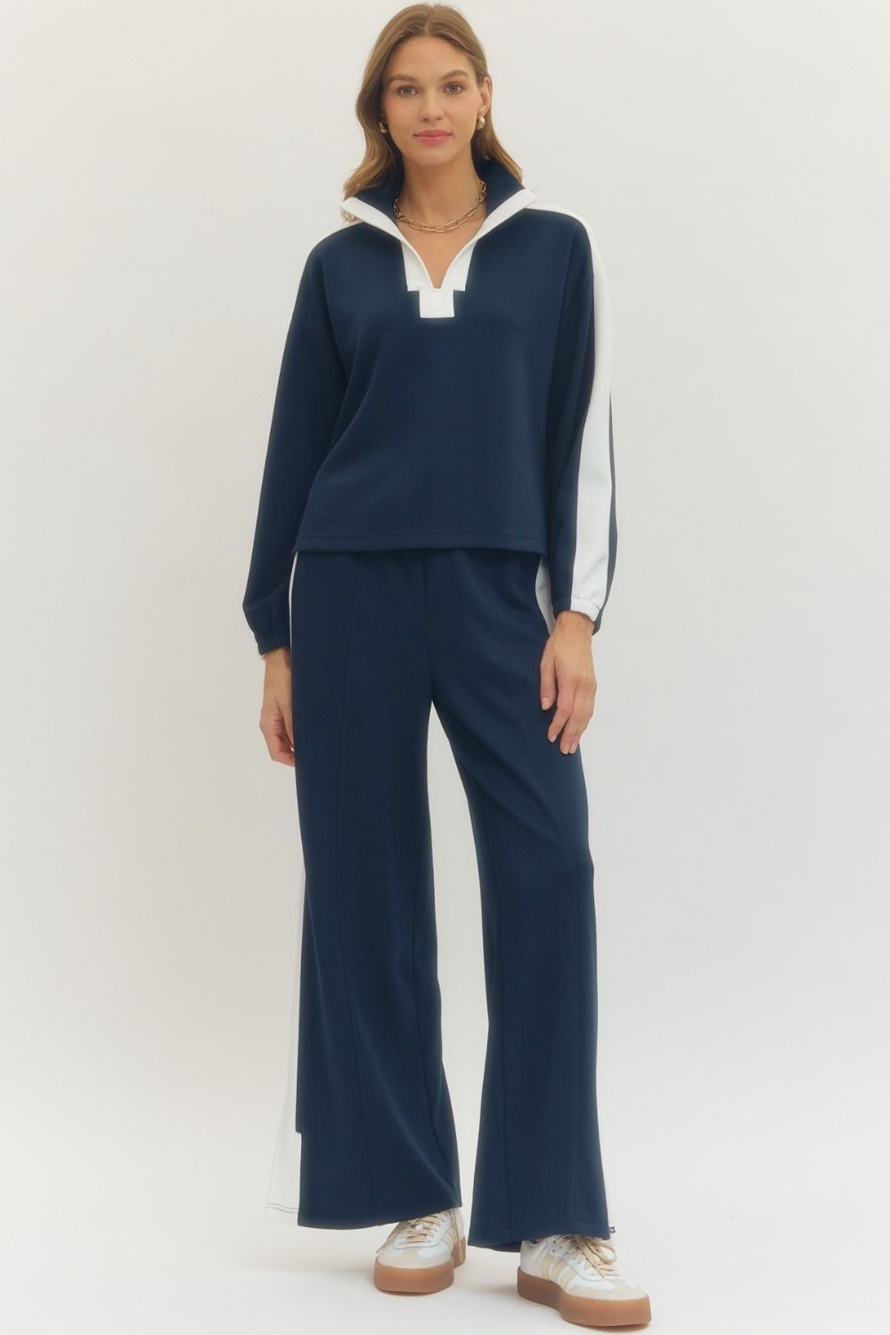 Super Soft Navy Collar Top and Wide Leg Pants SET with Contrast Stripe Detail