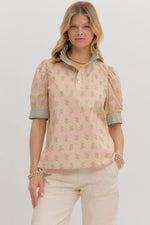 Jillian Floral Top with Stripe Collar and Cuff Accents